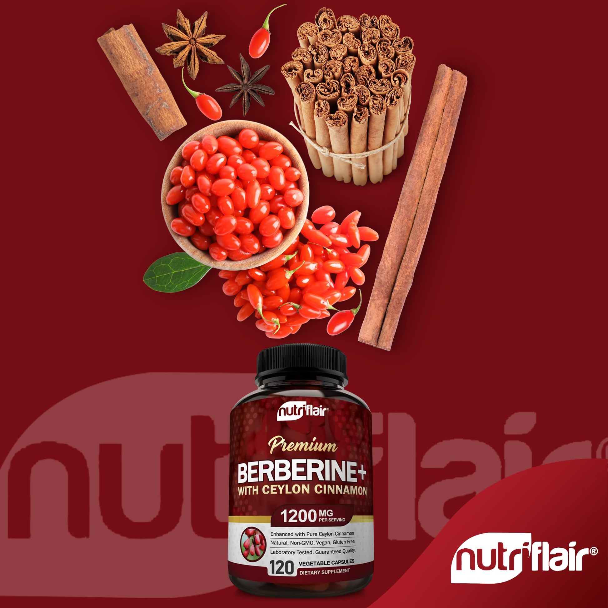 NutriFlair Premium HCL 1200mg, 120 Capsules - Plus Pure True Ceylon Cinnamon - Maple Wellness Supplements