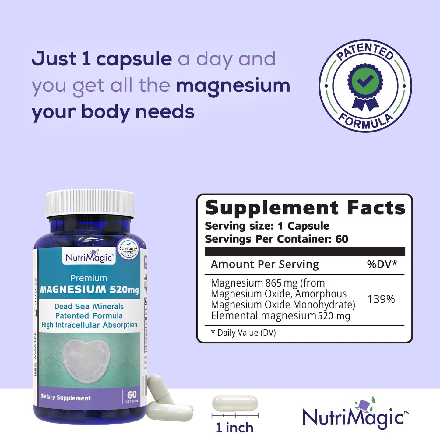 NutriMagic 520mg Patented High Absorption Elemental Magnesium from Oxide, Dead Sea Minerals Complex (1 Bottle, 2-Month Supply (60 Capsules)) - Maple Wellness Supplements