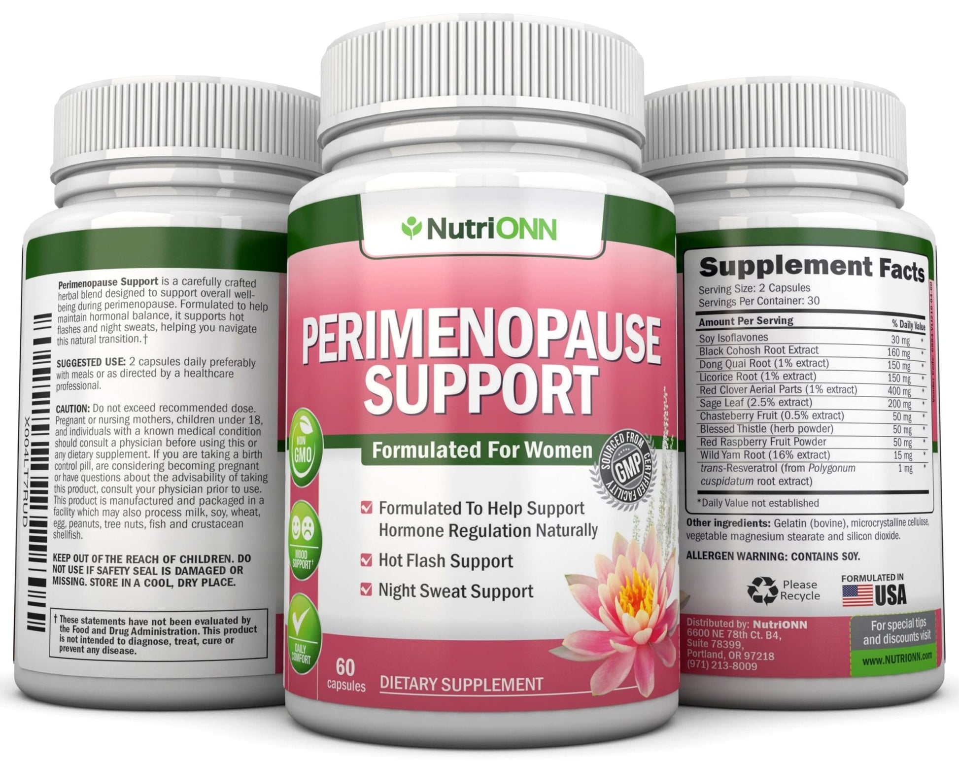 NutriONN Perimenopause Supplement for Women - Natural Support for Hot Flashes & Night Sweats - Improved Mood & Sleep - 11 Herbal Ingredients with Black Cohosh & Red Clover - Hormone Balance - Non-GMO - Maple Wellness Supplements