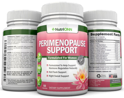 NutriONN Perimenopause Supplement for Women - Natural Support for Hot Flashes & Night Sweats - Improved Mood & Sleep - 11 Herbal Ingredients with Black Cohosh & Red Clover - Hormone Balance - Non-GMO - Maple Wellness Supplements