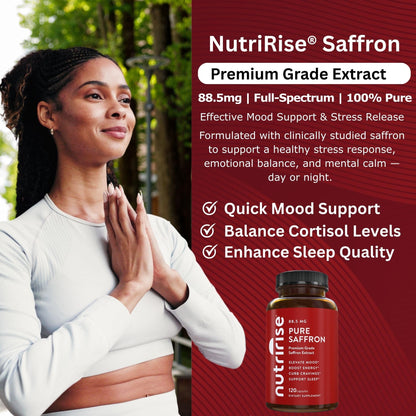 NutriRise Saffron Supplements 120 Capsules, 88.5mg Pure Extract - 4 Month Supply for Mood, Energy, Sleep, Stress & Cortisol Support - Non-GMO - Maple Wellness Supplements