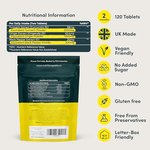 Nutrition Geeks Turmeric Tablets 2000 mg with Black Pepper & Ginger, High Strength - Maple Wellness Supplements