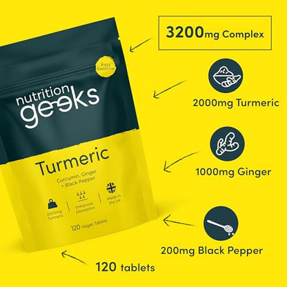 Nutrition Geeks Turmeric Tablets 2000 mg with Black Pepper & Ginger, High Strength - Maple Wellness Supplements