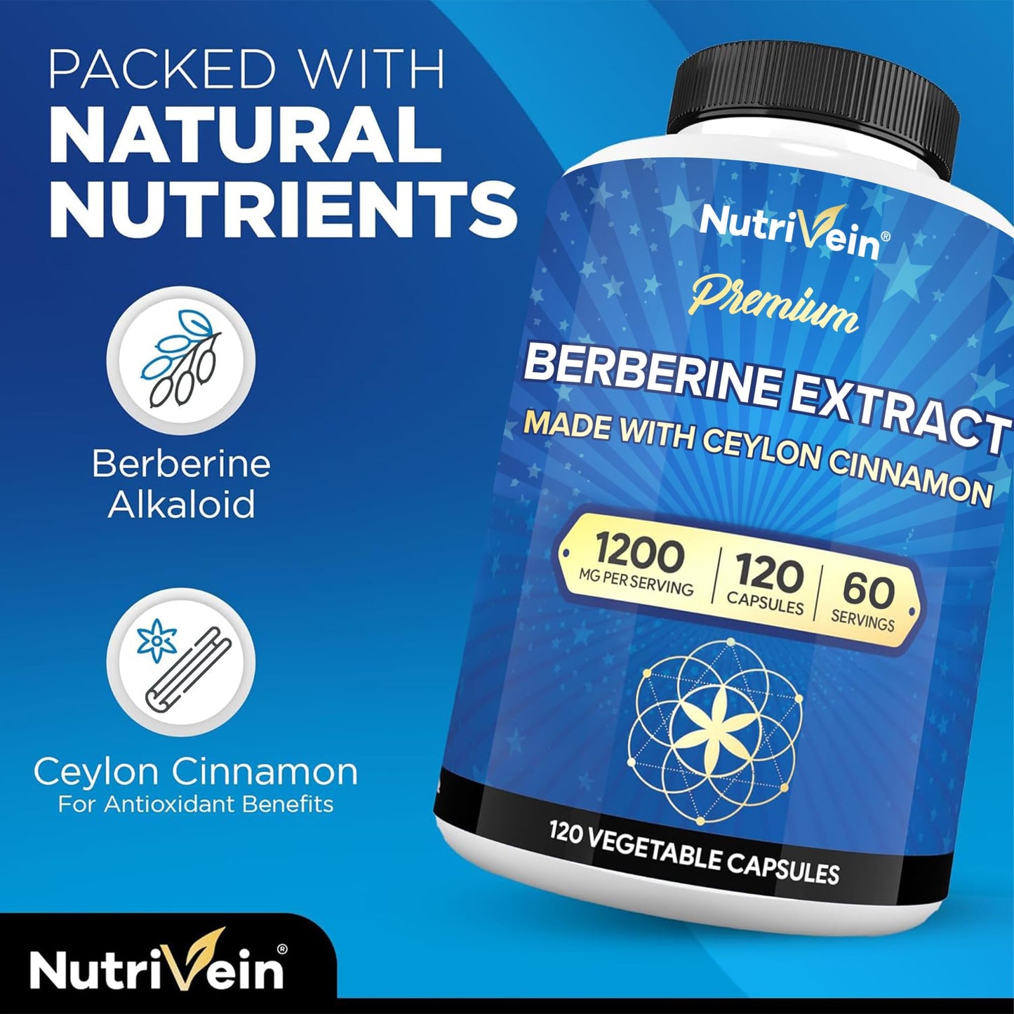 Nutrivein Premium Berberine 1200 mg with Ceylon Cinnamon - 120 Capsules: High-Absorption Berberine Supplement - Maple Wellness Supplements