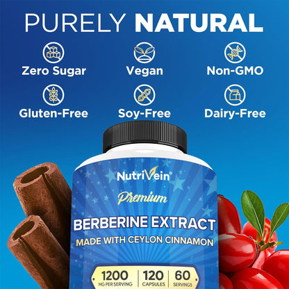 Nutrivein Premium Berberine 1200 mg with Ceylon Cinnamon - 120 Capsules: High-Absorption Berberine Supplement - Maple Wellness Supplements
