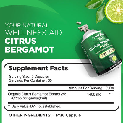 Nutrivein Premium Citrus Bergamot Supplement 1400mg 25:1 Bergamia Extract - 60 Day Supply (120 Capsules): Powerful Italian Citrus Bergamot 1400 mg+ - Maple Wellness Supplements