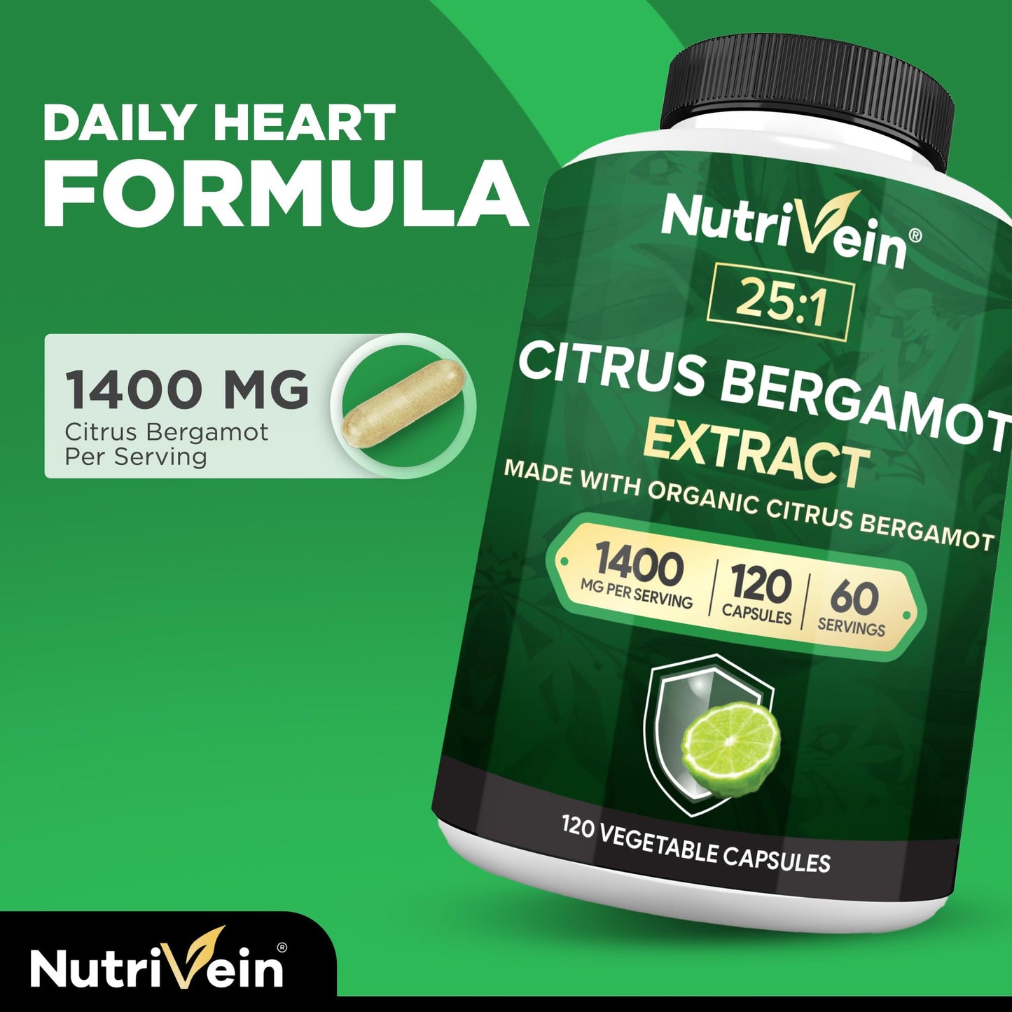 Nutrivein Premium Citrus Bergamot Supplement 1400mg 25:1 Bergamia Extract - 60 Day Supply (120 Capsules): Powerful Italian Citrus Bergamot 1400 mg+ - Maple Wellness Supplements