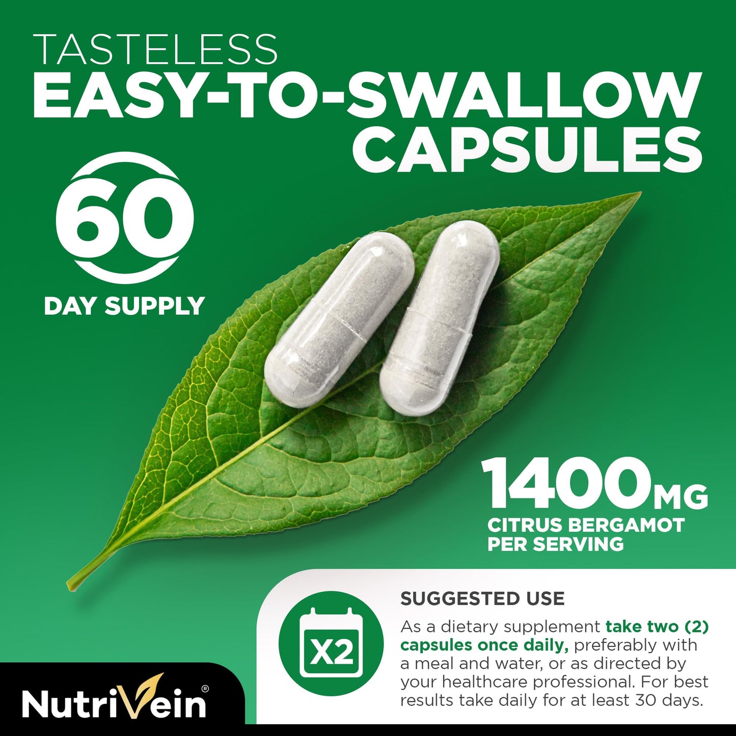 Nutrivein Premium Citrus Bergamot Supplement 1400mg 25:1 Bergamia Extract - 60 Day Supply (120 Capsules): Powerful Italian Citrus Bergamot 1400 mg+ - Maple Wellness Supplements