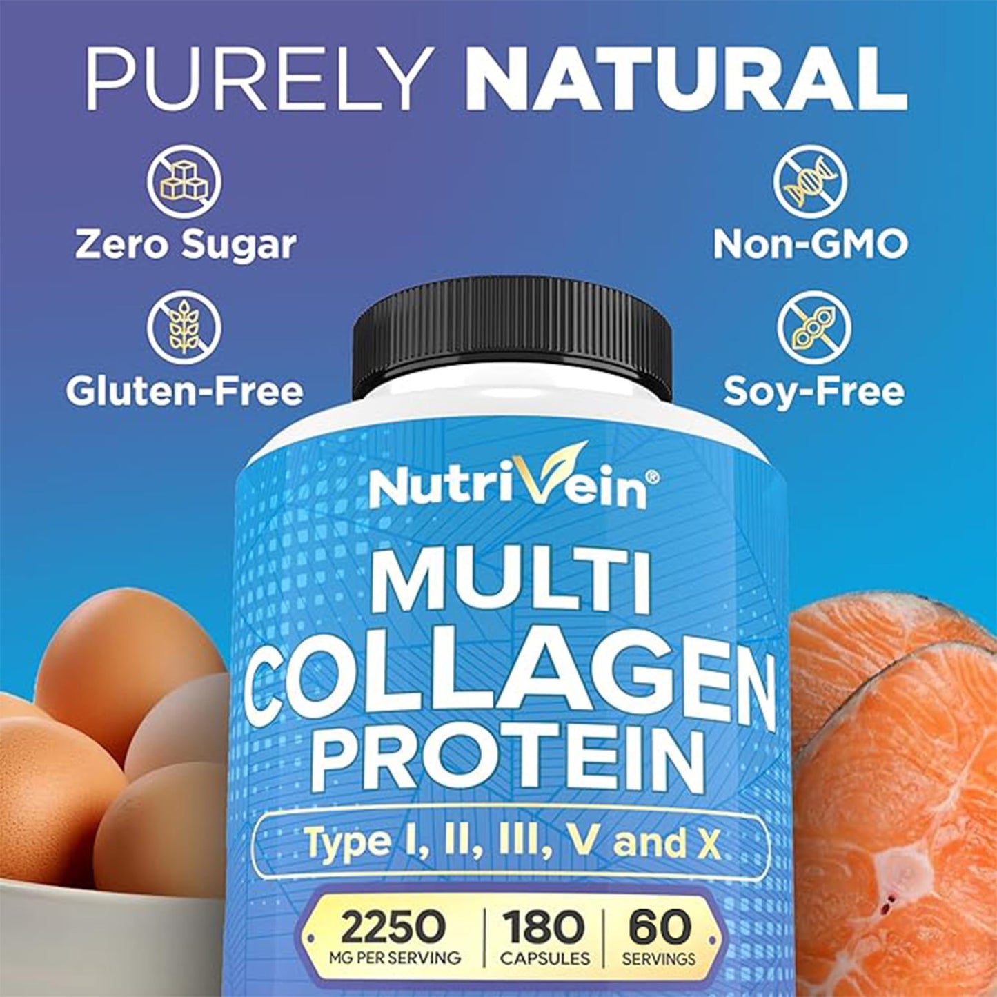 Nutrivein Premium Multi Collagen Pills 2250 mg - 180 Easy-to-Swallow Collagen Capsules: Type I, II, III, V, X Hydrolyzed Protein Peptides for Women and Men - Maple Wellness Supplements