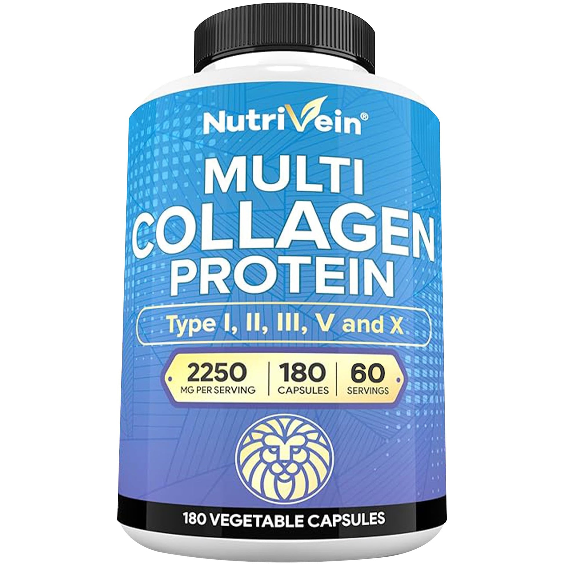 Nutrivein Premium Multi Collagen Pills 2250 mg - 180 Easy-to-Swallow Collagen Capsules: Type I, II, III, V, X Hydrolyzed Protein Peptides for Women and Men - Maple Wellness Supplements