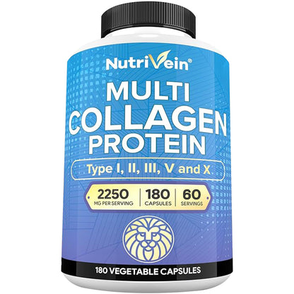 Nutrivein Premium Multi Collagen Pills 2250 mg - 180 Easy-to-Swallow Collagen Capsules: Type I, II, III, V, X Hydrolyzed Protein Peptides for Women and Men - Maple Wellness Supplements