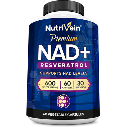 Nutrivein Premium NAD + Resveratrol Supplement 600 mg - 30 Servings (60 Capsules): Powerful Synergistic NAD Resveratrol Supplement - Aging, Cognition, Metabolism, & Overall Well-Being - Maple Wellness Supplements