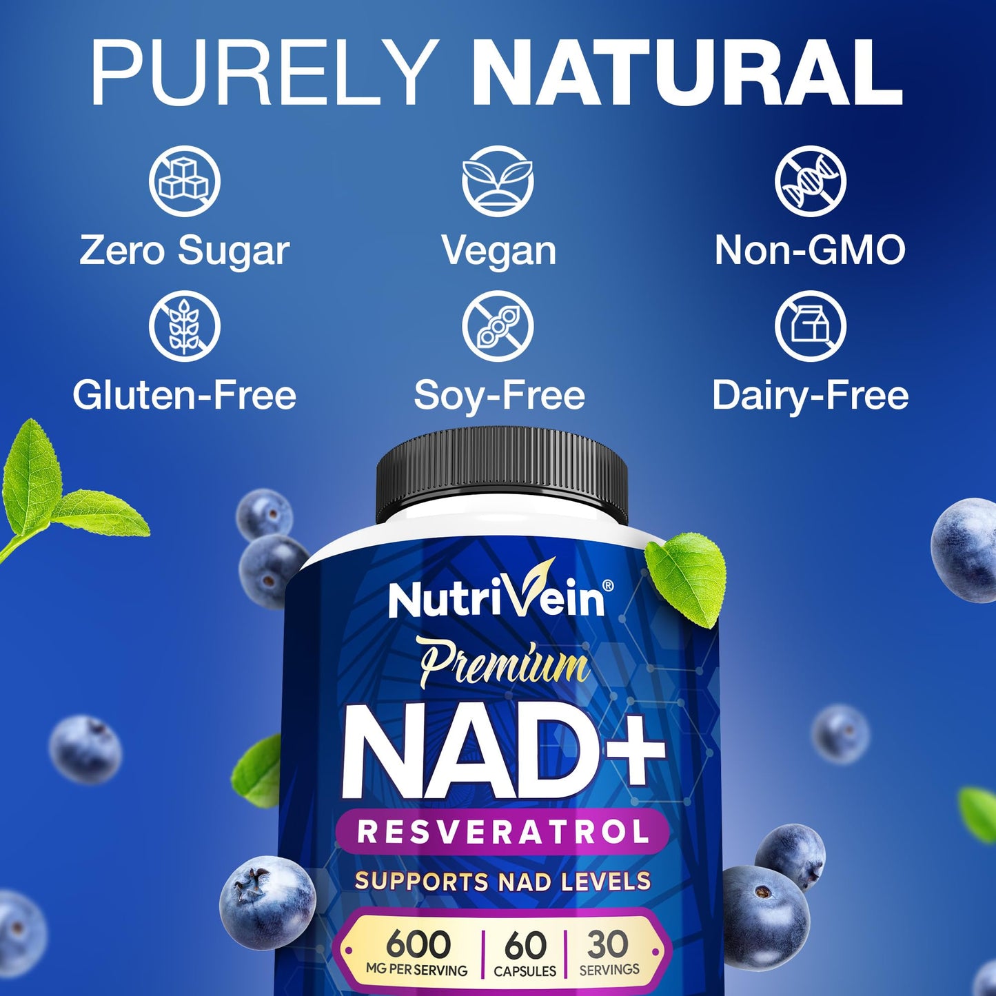 Nutrivein Premium NAD + Resveratrol Supplement 600 mg - 30 Servings (60 Capsules): Powerful Synergistic NAD Resveratrol Supplement - Aging, Cognition, Metabolism, & Overall Well-Being - Maple Wellness Supplements