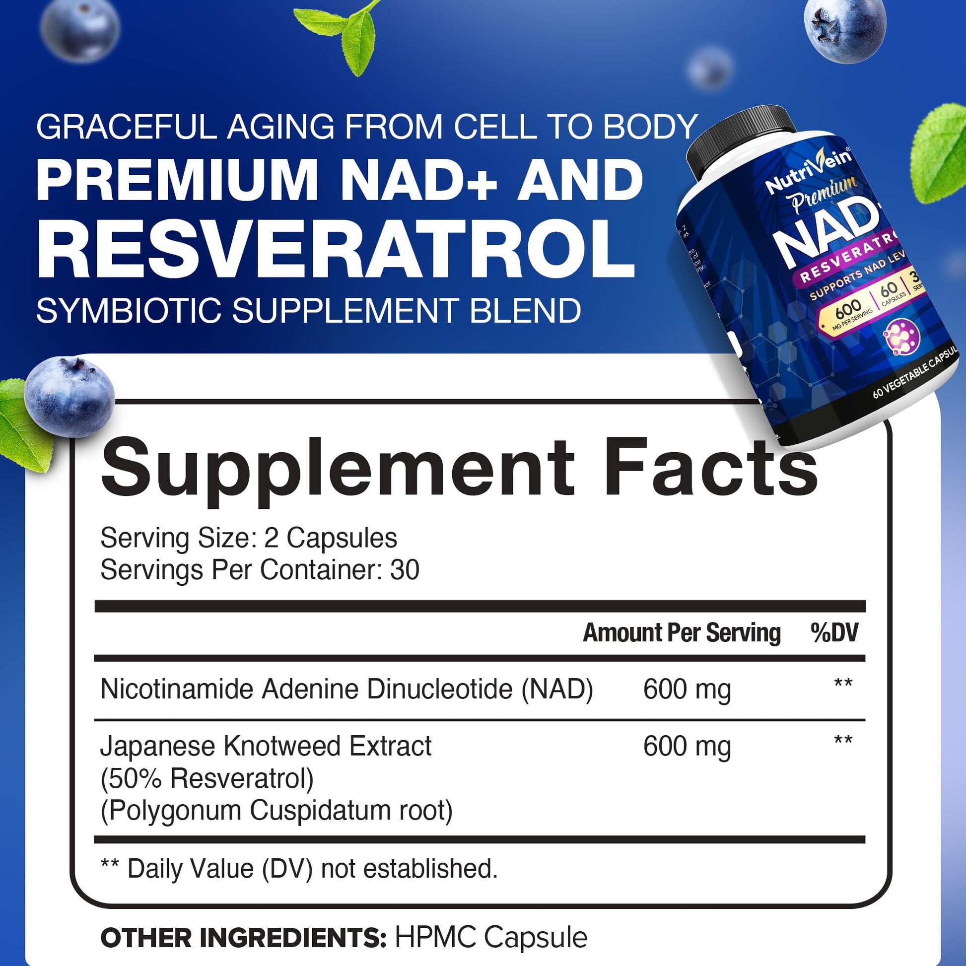 Nutrivein Premium NAD + Resveratrol Supplement 600 mg - 30 Servings (60 Capsules): Powerful Synergistic NAD Resveratrol Supplement - Aging, Cognition, Metabolism, & Overall Well-Being - Maple Wellness Supplements