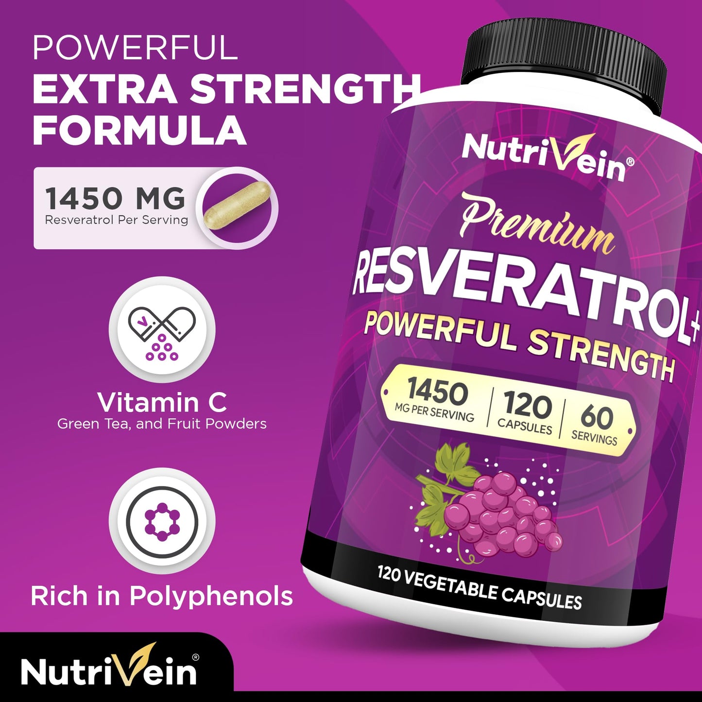 Nutrivein Premium Resveratrol 1450mg - 120 Caps: Pure Trans Resveratrol Supplement Enhanced with Green Tea Leaf & Acai Berry - Maple Wellness Supplements