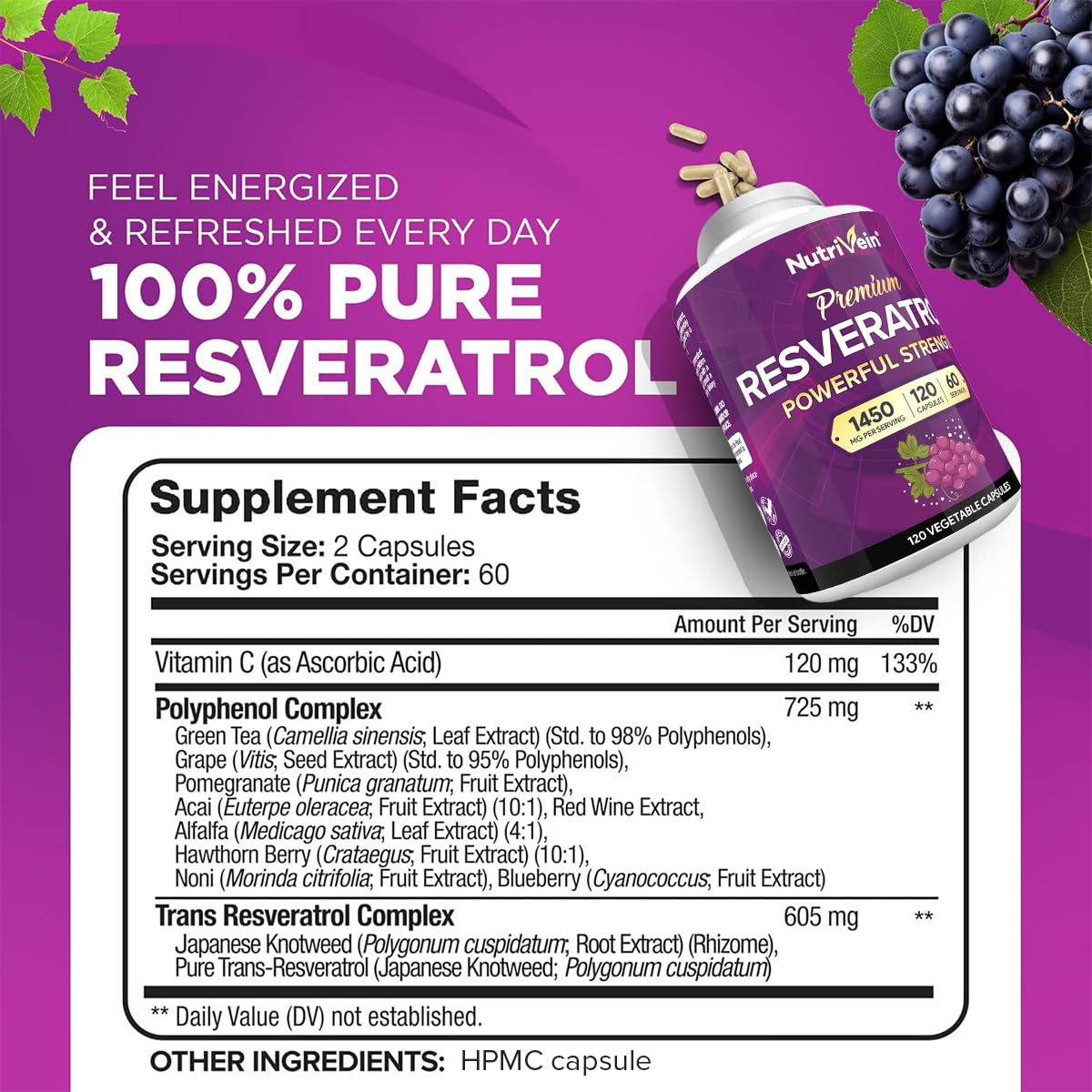 Nutrivein Premium Resveratrol 1450mg - 120 Caps: Pure Trans Resveratrol Supplement Enhanced with Green Tea Leaf & Acai Berry - Maple Wellness Supplements