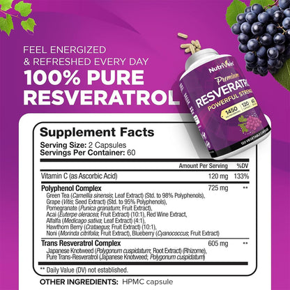 Nutrivein Premium Resveratrol 1450mg - 120 Caps: Pure Trans Resveratrol Supplement Enhanced with Green Tea Leaf & Acai Berry - Maple Wellness Supplements