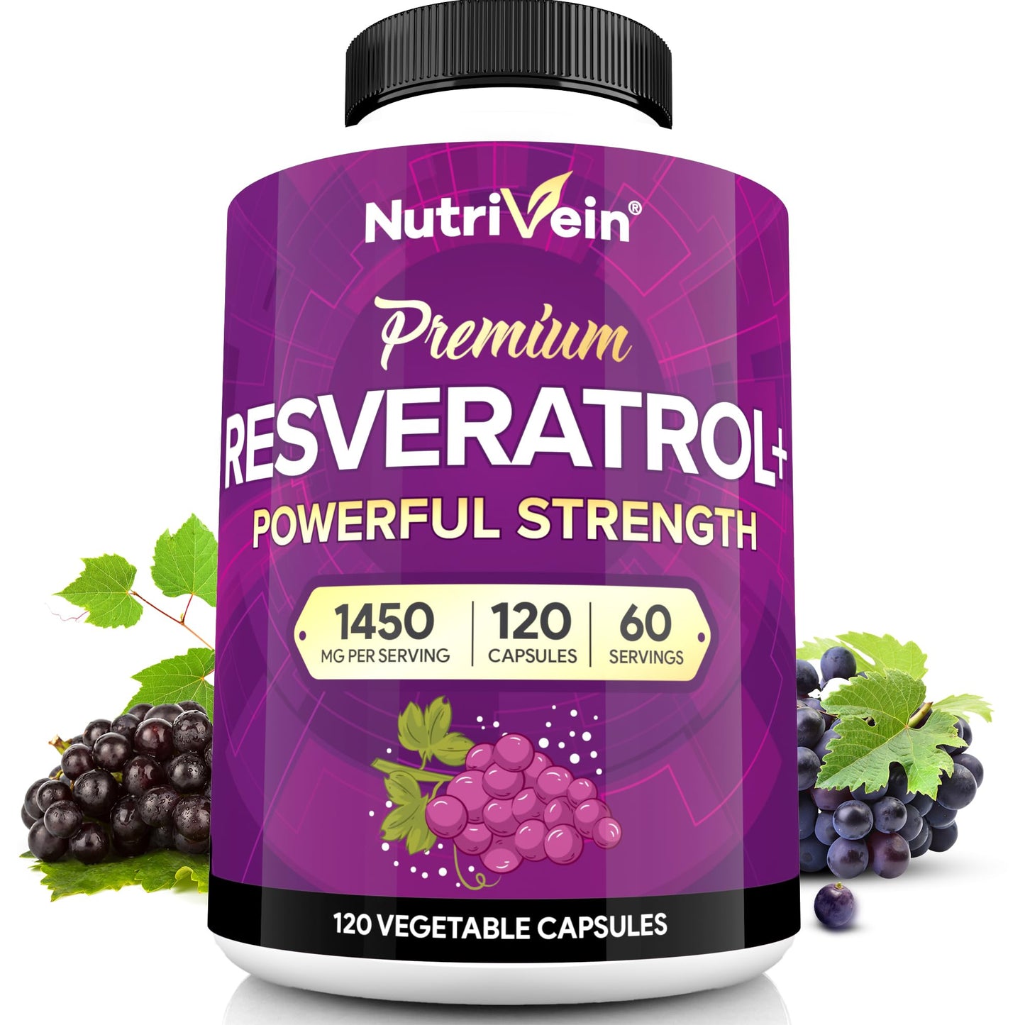 Nutrivein Premium Resveratrol 1450mg - 120 Caps: Pure Trans Resveratrol Supplement Enhanced with Green Tea Leaf & Acai Berry - Maple Wellness Supplements