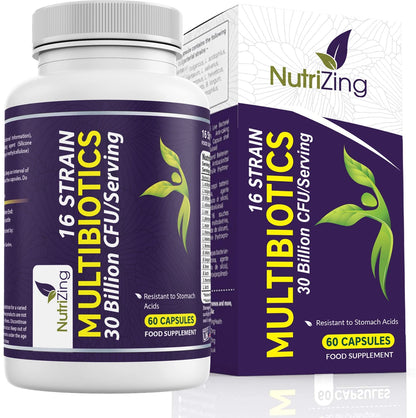 NutriZing Vegan Probiotics for Digestive Health - 30 Billion CFU & 16 strains - Bifidobacterium & Lactobacillus Probiotics for Men & Women - Maple Wellness Supplements