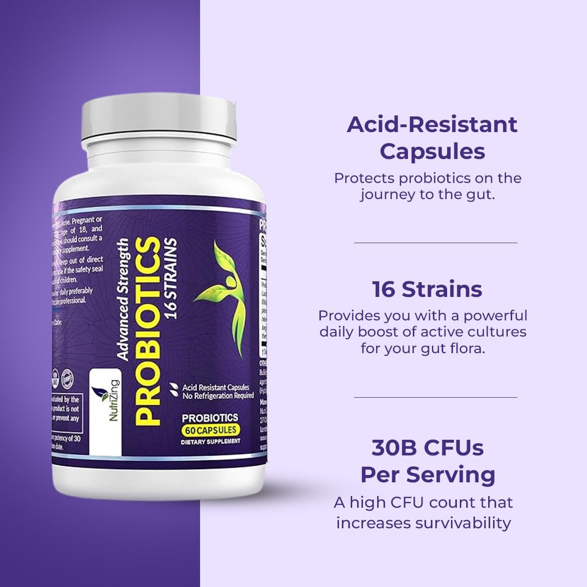 NutriZing Vegan Probiotics for Digestive Health - 30 Billion CFU & 16 strains - Bifidobacterium & Lactobacillus Probiotics for Men & Women - Maple Wellness Supplements