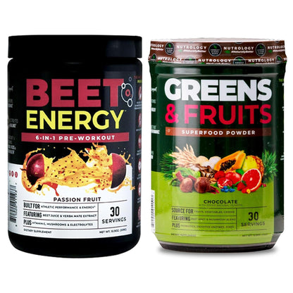Nutrology Greens & Fruits Powder-Naturally Sourced Superfood, Chocolate (30 Servings) Beet Natural O2, Pre Workout Powder, Passion Fruit Flavor (30 Servings) - Maple Wellness Supplements