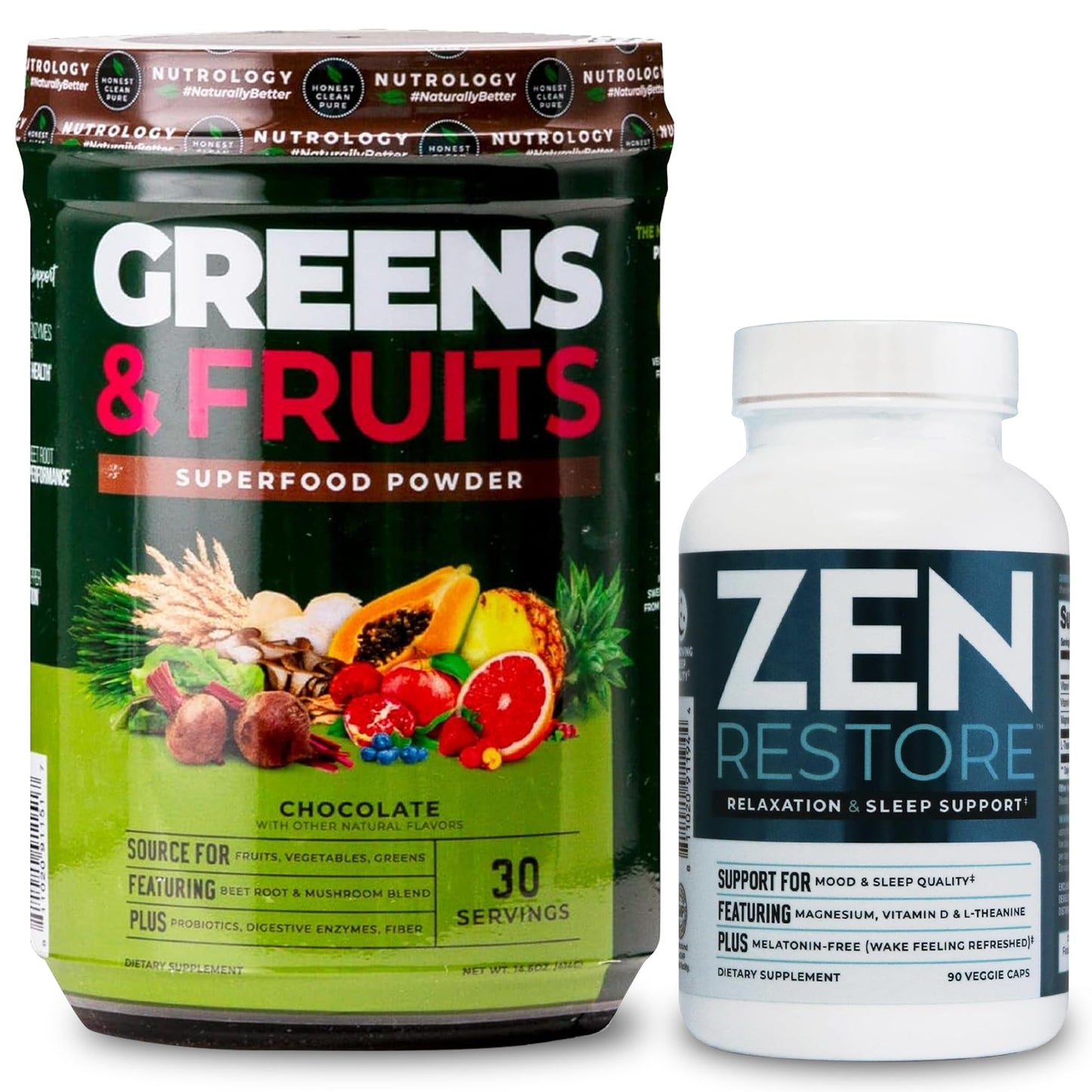 Nutrology Greens & Fruits Powder-Naturally Sourced Superfood, Chocolate (30 Servings) Zen Natural Magnesium Supplement (30 Servings) - Maple Wellness Supplements