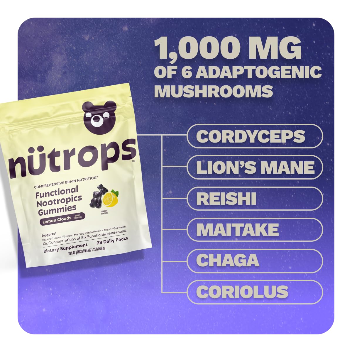 Nutrops Lions Mane Mushroom Gummies for adults, Functional Nootropics, Herbal Brain Supplement for Energy, Brain Health, Cognitive, Memory & Focus, Reishi, Chaga, Cordyceps, Coriolus, 28 daily Packs - Maple Wellness Supplements