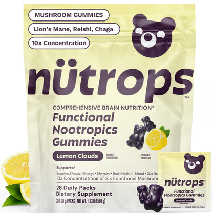 Nutrops Lions Mane Mushroom Gummies for adults, Functional Nootropics, Herbal Brain Supplement for Energy, Brain Health, Cognitive, Memory & Focus, Reishi, Chaga, Cordyceps, Coriolus, 28 daily Packs - Maple Wellness Supplements