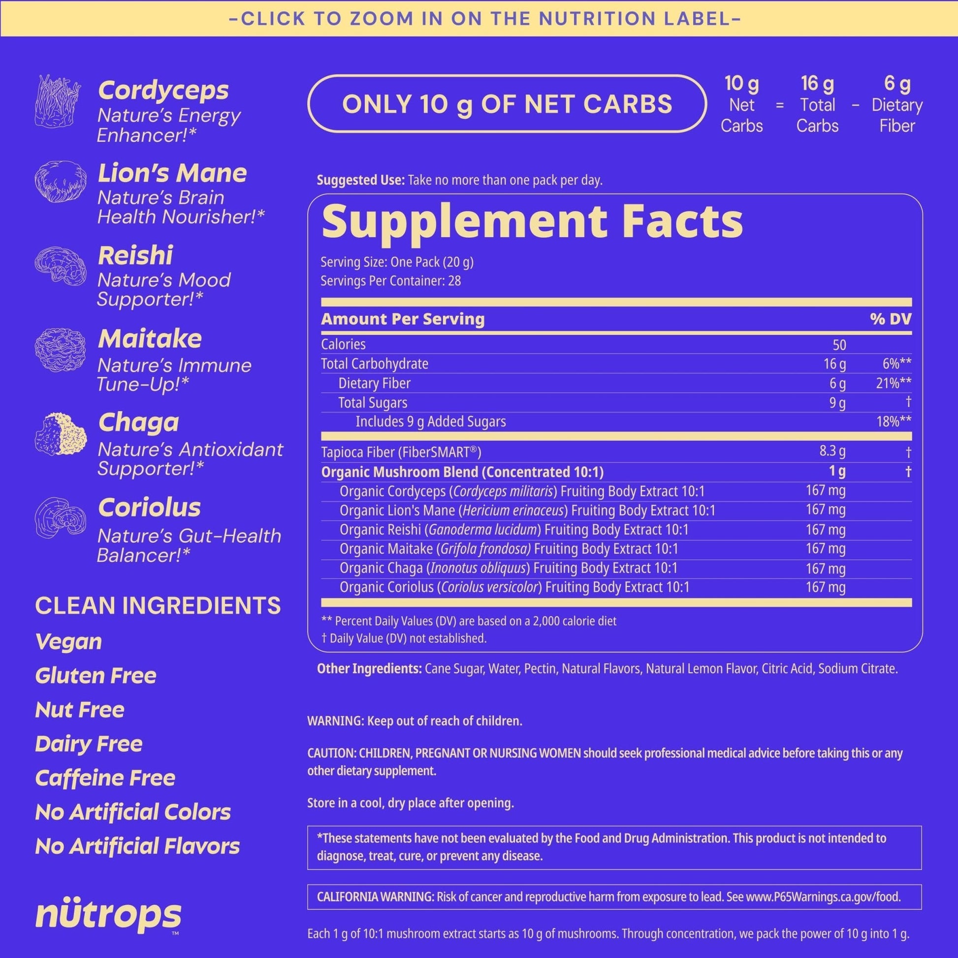 Nutrops Lions Mane Mushroom Gummies for adults, Functional Nootropics, Herbal Brain Supplement for Energy, Brain Health, Cognitive, Memory & Focus, Reishi, Chaga, Cordyceps, Coriolus, 28 daily Packs - Maple Wellness Supplements