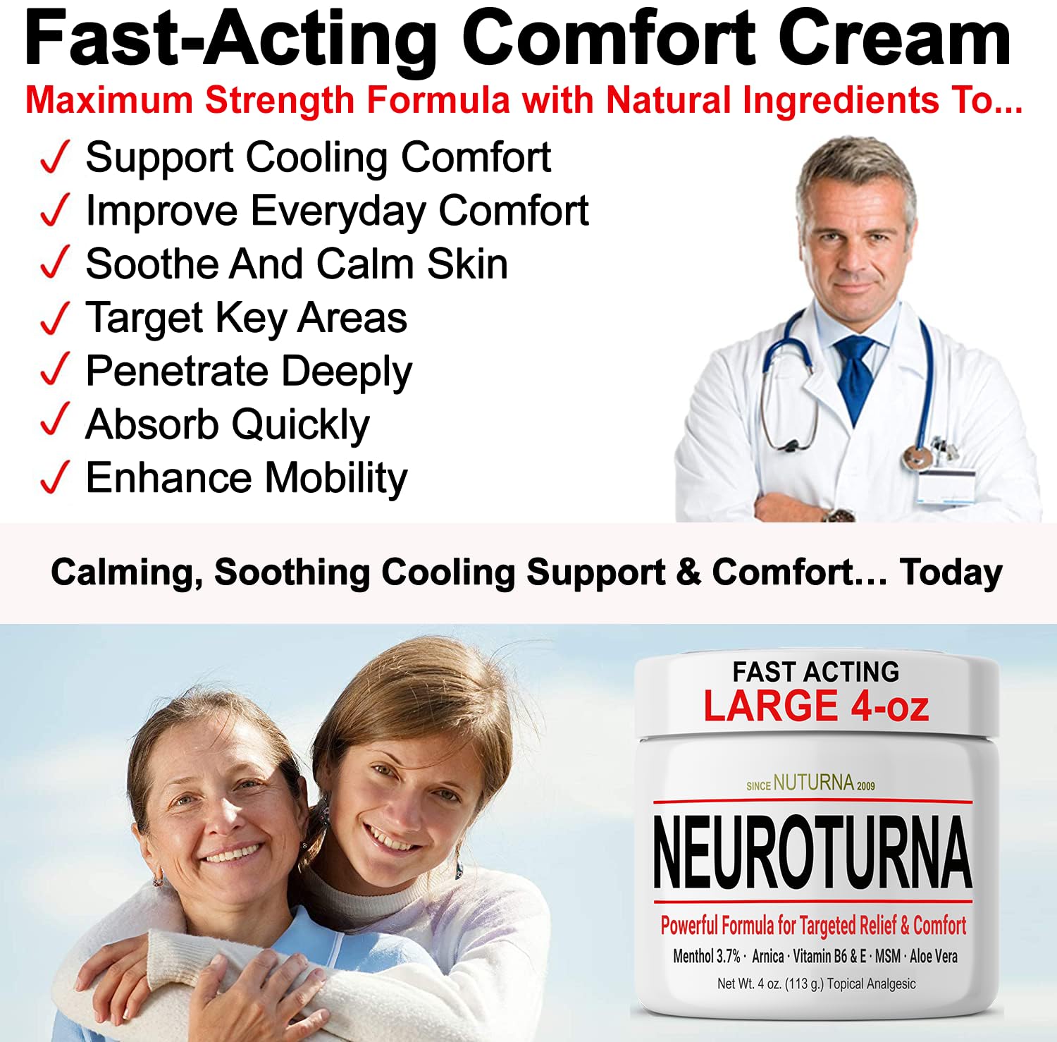 Nuturna Nerve Cream - Fast Acting Comfort for Feet, Hands, Legs & Toes - Ultra Strength Menthol, Arnica, Aloe Vera, MSM - Cooling Soothing Comfort - Non-Greasy, Paraben-Free - 4 oz - Maple Wellness Supplements