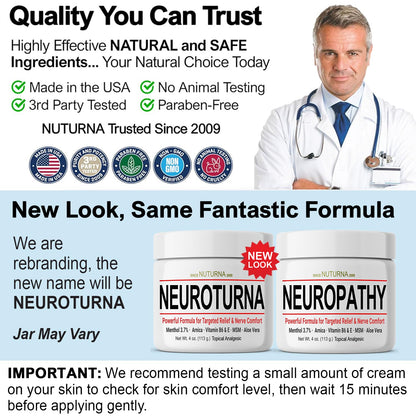 Nuturna Nerve Cream - Fast Acting Comfort for Feet, Hands, Legs & Toes - Ultra Strength Menthol, Arnica, Aloe Vera, MSM - Cooling Soothing Comfort - Non-Greasy, Paraben-Free - 4 oz - Maple Wellness Supplements