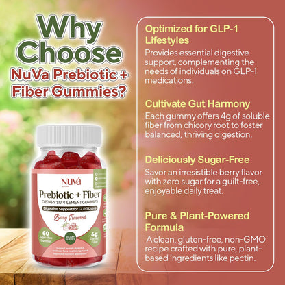 NuVa by Trulore Prebiotic + Fiber Gummies | User Nutritional Support | Sugar Free Fiber Gummies for Adults | Berry Flavor | Non-GMO Digestive Balance for Men & Women | 60 Gummies - 30 day Supply - Maple Wellness Supplements