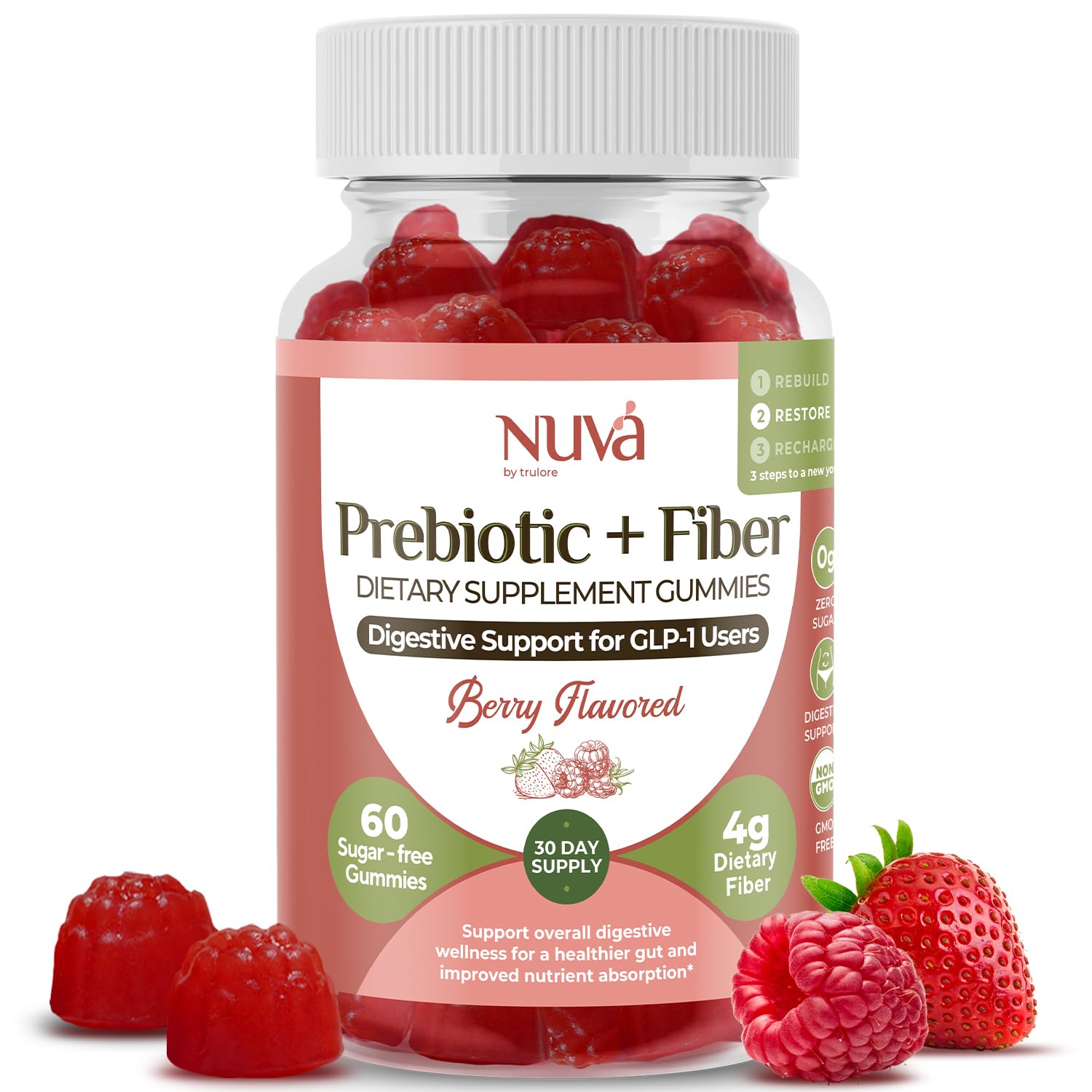 NuVa by Trulore Prebiotic + Fiber Gummies | User Nutritional Support | Sugar Free Fiber Gummies for Adults | Berry Flavor | Non-GMO Digestive Balance for Men & Women | 60 Gummies - 30 day Supply - Maple Wellness Supplements