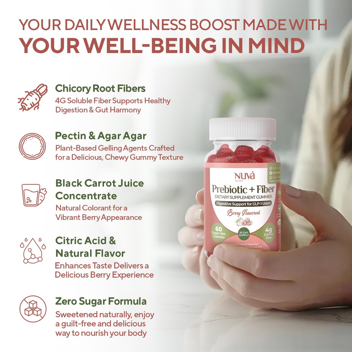 NuVa by Trulore Prebiotic + Fiber Gummies | User Nutritional Support | Sugar Free Fiber Gummies for Adults | Berry Flavor | Non-GMO Digestive Balance for Men & Women | 60 Gummies - 30 day Supply - Maple Wellness Supplements