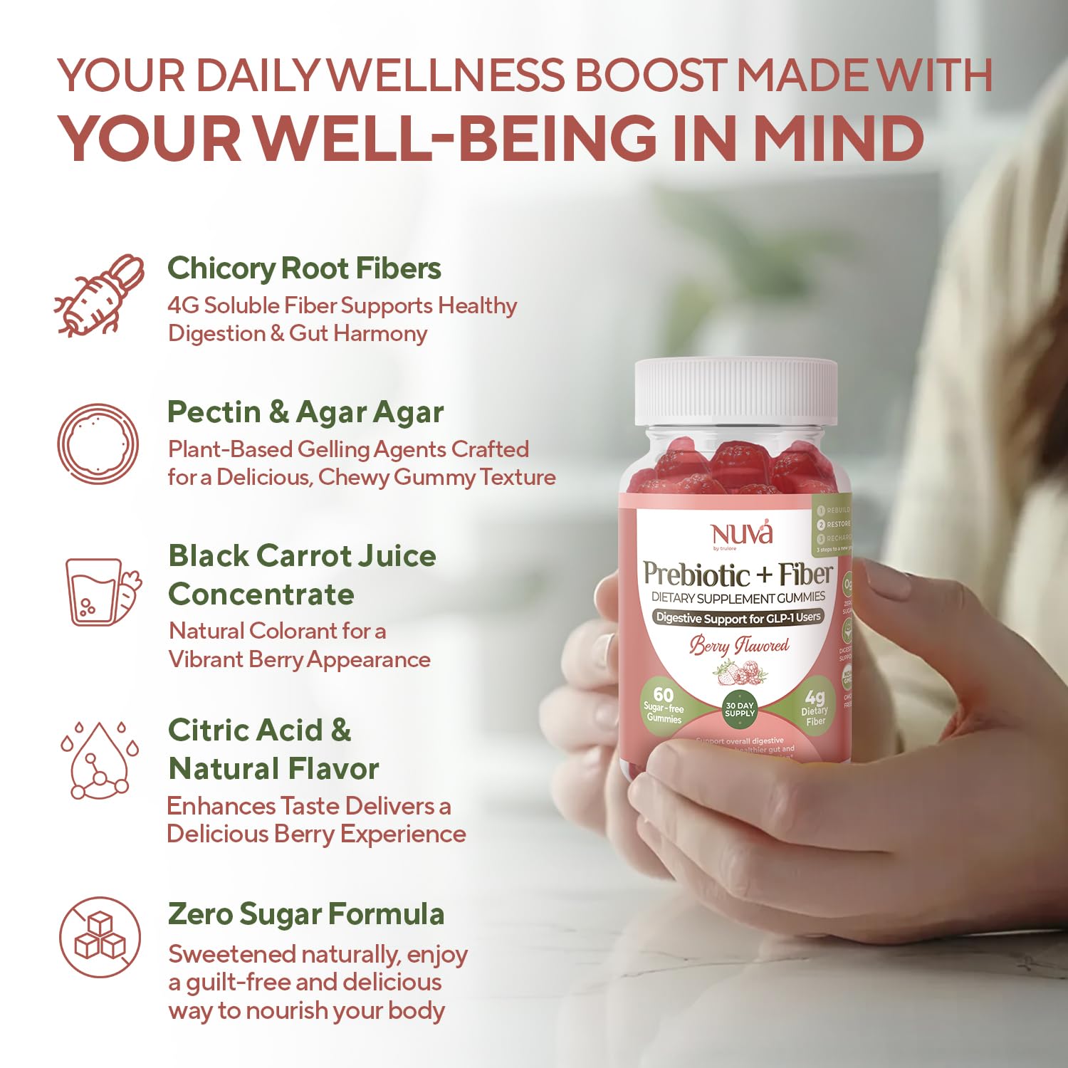 NuVa by Trulore Prebiotic + Fiber Gummies | User Nutritional Support | Sugar Free Fiber Gummies for Adults | Berry Flavor | Non-GMO Digestive Balance for Men & Women | 60 Gummies - 30 day Supply - Maple Wellness Supplements