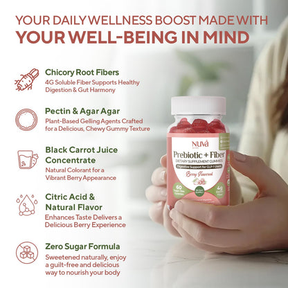 NuVa by Trulore Prebiotic + Fiber Gummies | User Nutritional Support | Sugar Free Fiber Gummies for Adults | Berry Flavor | Non-GMO Digestive Balance for Men & Women | 60 Gummies - 30 day Supply - Maple Wellness Supplements