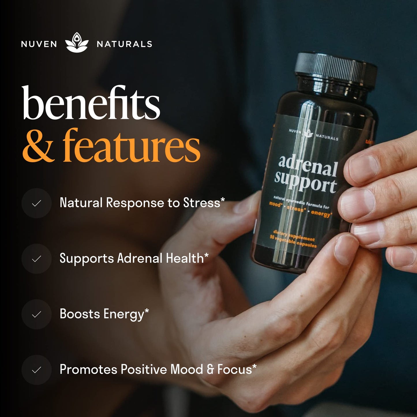 Nuven Naturals Adrenal Support - Cortisol Manager & Adrenal Support Supplements with Ashwagandha Extract, Rhodiola Rosea, Holy Basil to Help Stress, Fatigue & Energy | Adaptogens | 90 Capsules - Maple Wellness Supplements