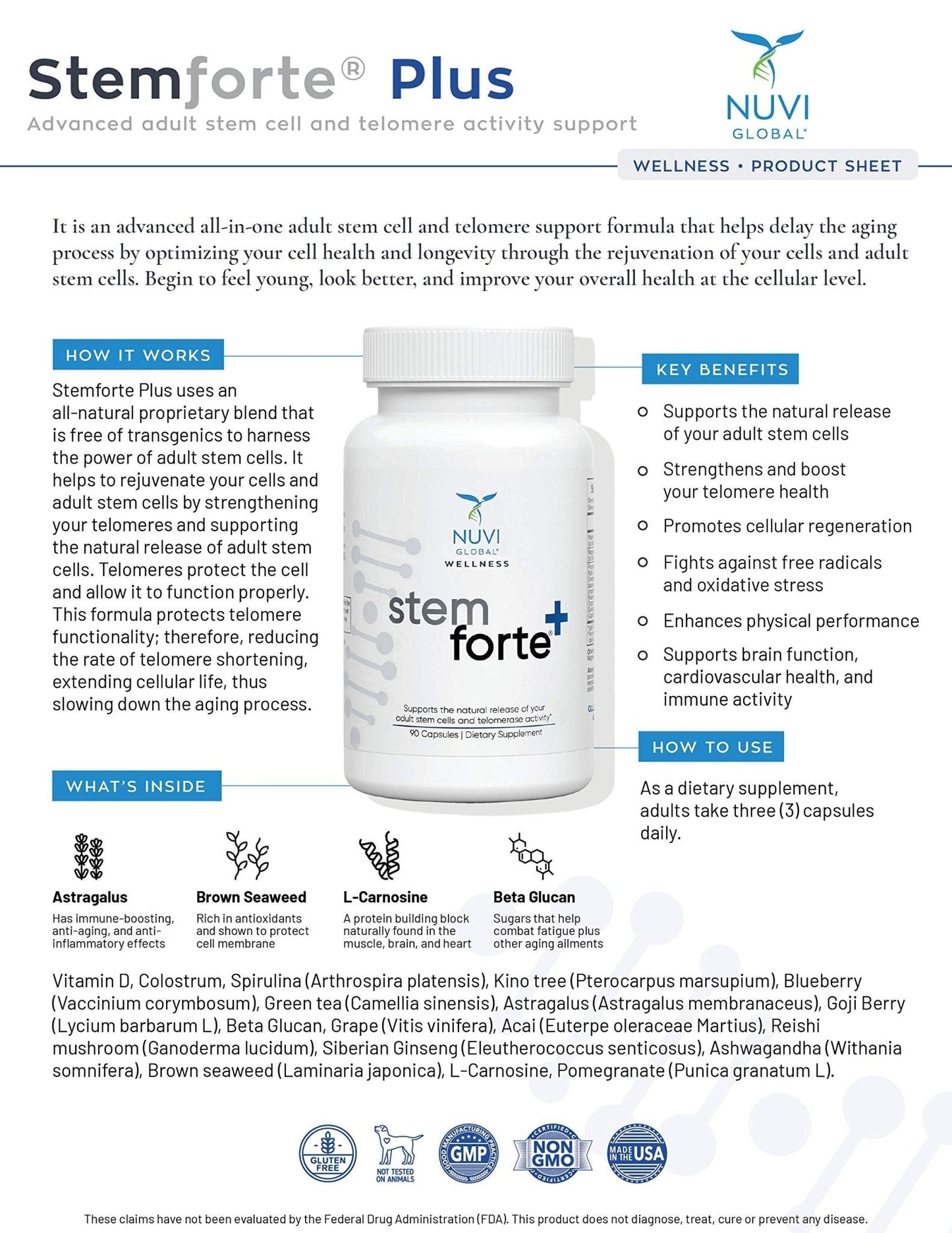 NuVi Global Stemforte Plus Stem Cell and Telomere Supplements – Cell Regeneration, Cell Growth & Telomere Support for Healthy Aging & Cellular Health – 90 Capsules for Men & Women - Maple Wellness Supplements