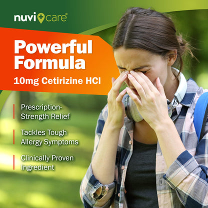 Nuvicare 24-Hour Allergy Medicine - Cetirizine Hydrochloride 10mg Tablets - Compare to the Active Ingredient in Zyrtec Antihistamine Meds - Generic Allergy Pills for All Day Allergy Relief (100 Count) - Maple Wellness Supplements