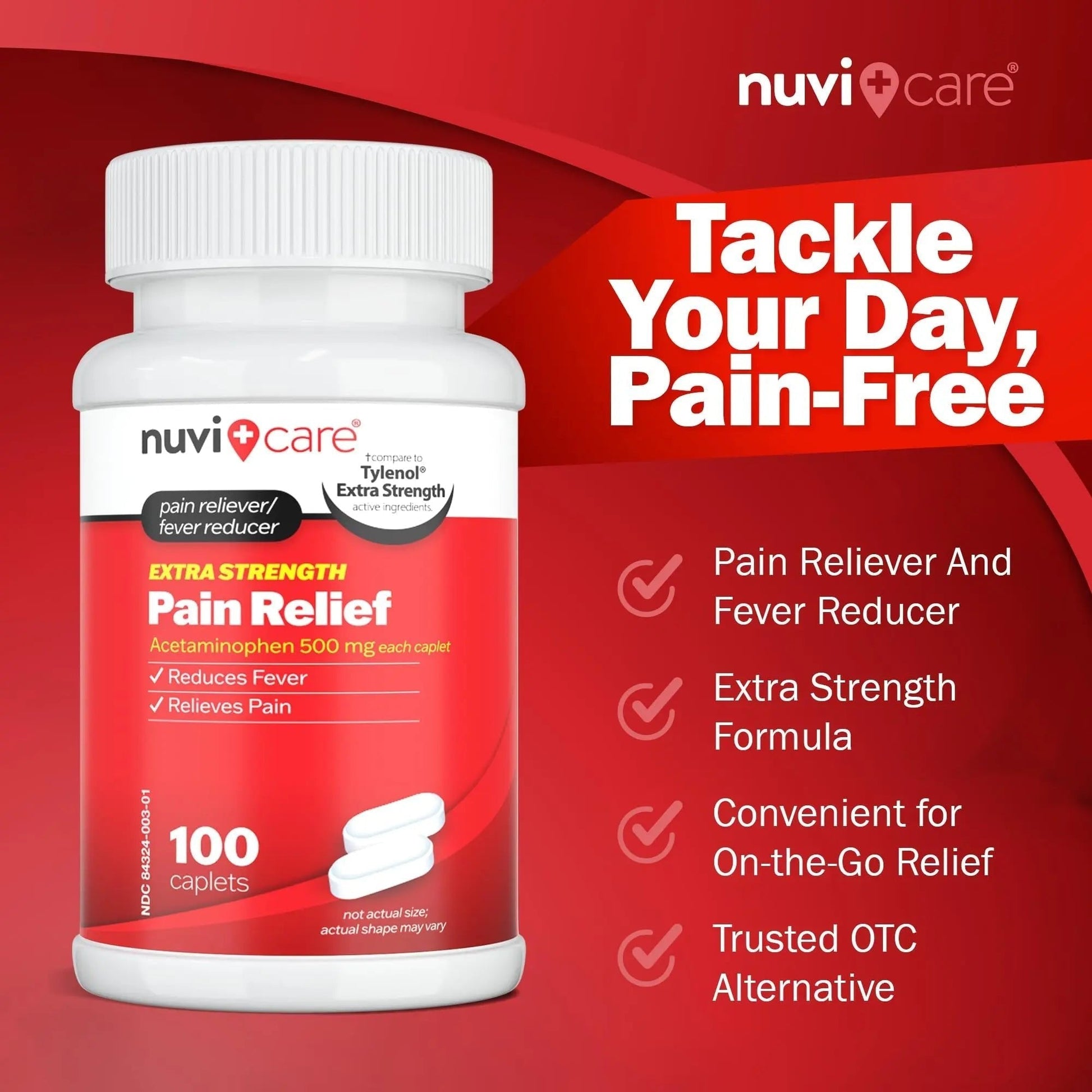 NUVICARE Acetaminophen 500mg Extra Strength Pain Relief - Compare to Tylenol Extra Strength Pain Reliever & Fever Reducer - 500mg Tablets for Adults for Headaches (100 Caplets) - Maple Wellness Supplements