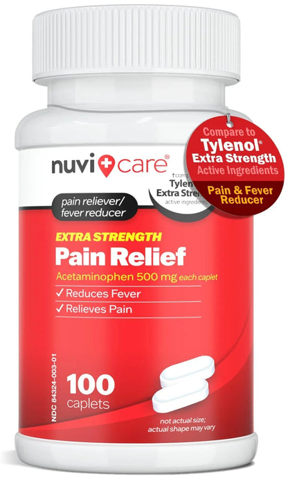 NUVICARE Acetaminophen 500mg Extra Strength Pain Relief - Compare to Tylenol Extra Strength Pain Reliever & Fever Reducer - 500mg Tablets for Adults for Headaches (100 Caplets) - Maple Wellness Supplements
