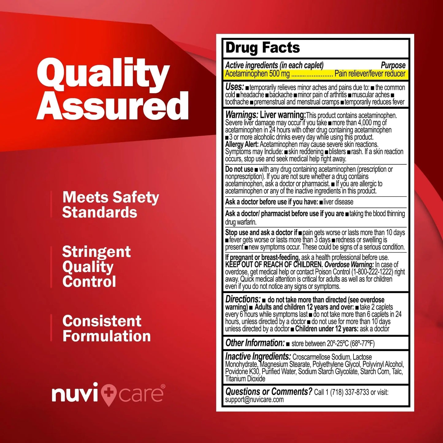 NUVICARE Acetaminophen 500mg Extra Strength Pain Relief - Compare to Tylenol Extra Strength Pain Reliever & Fever Reducer - 500mg Tablets for Adults for Headaches (100 Caplets) - Maple Wellness Supplements