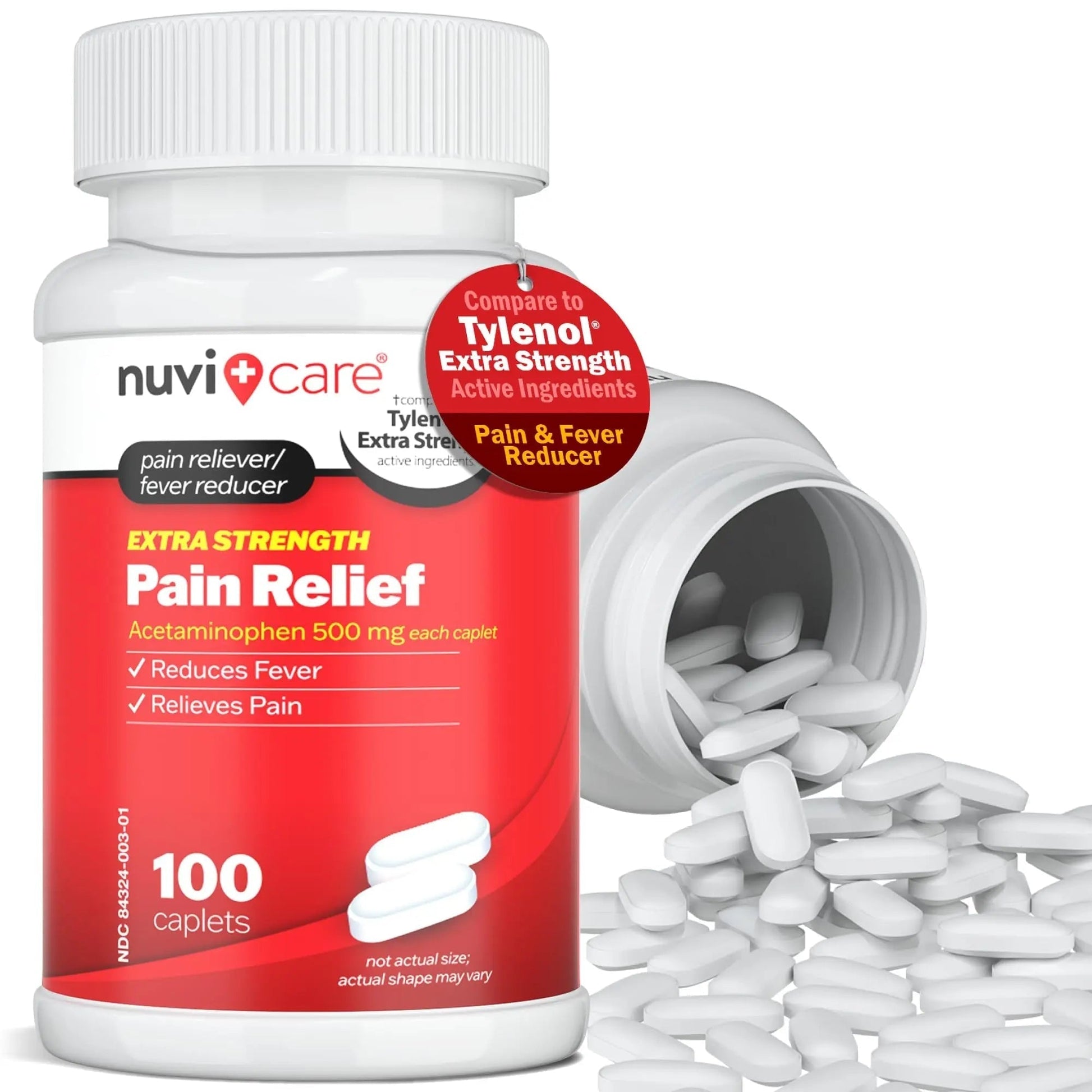 NUVICARE Acetaminophen 500mg Extra Strength Pain Relief - Compare to Tylenol Extra Strength Pain Reliever & Fever Reducer - 500mg Tablets for Adults for Headaches (100 Caplets) - Maple Wellness Supplements