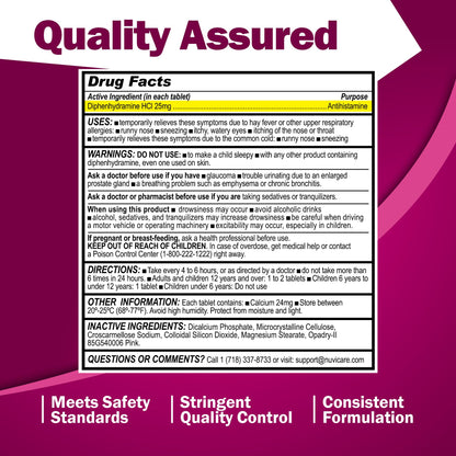 NUVICARE Allergy Relief Tablets - Diphenhydramine 25mg Antihistamine Tablets for Runny Nose, Sneezing, Itchy Eyes & Throat - Compare to Benadryl Allergy Meds - OTC Adult Allergy Medicine (300 Count) - Maple Wellness Supplements
