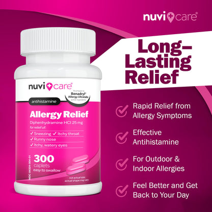 NUVICARE Allergy Relief Tablets - Diphenhydramine 25mg Antihistamine Tablets for Runny Nose, Sneezing, Itchy Eyes & Throat - Compare to Benadryl Allergy Meds - OTC Adult Allergy Medicine (300 Count) - Maple Wellness Supplements