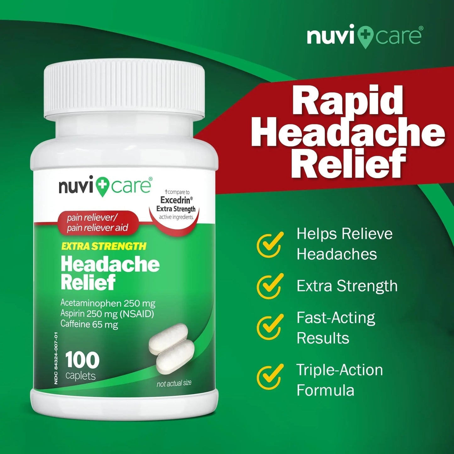 NUVICARE Headache Relief with Acetaminophen 250 mg, Aspirin (NSAID) 250 mg, Caffeine 65 mg - Temporary Relief of Minor Aches & Pains - Compare to Excedrin Extra Strength Pain Reliever (2 Pack) - Maple Wellness Supplements