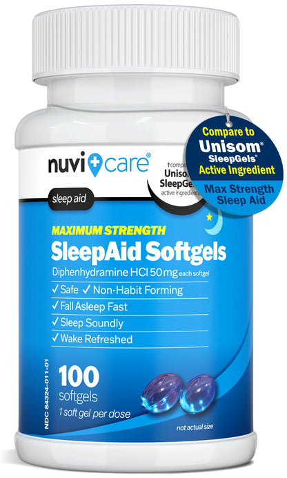 NUVICARE Maximum Strength SleepAid Soft Gels - Nighttime Sleep Aid with Diphenhydramine HCl 50mg - Non Habit Forming Sleeping Pills for Adults - Extra Strong OTC Sleep Aids for Adults (100 Count) - Maple Wellness Supplements