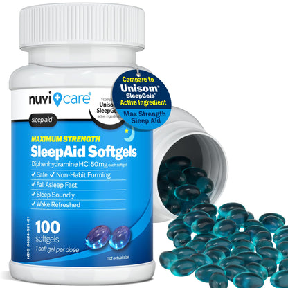NUVICARE Maximum Strength SleepAid Soft Gels - Nighttime Sleep Aid with Diphenhydramine HCl 50mg - Non Habit Forming Sleeping Pills for Adults - Extra Strong OTC Sleep Aids for Adults (100 Count) - Maple Wellness Supplements