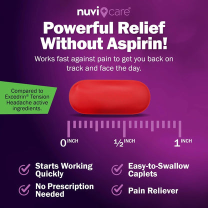 Nuvicare Tension Headache Relief Pills with 500mg Acetaminophen and 65mg Caffeine - Non Aspirin Pain Reliever Aid - Compare to Active Ingredient in Aspirin Free Excedrin Tension Headache (100 Caplets) - Maple Wellness Supplements