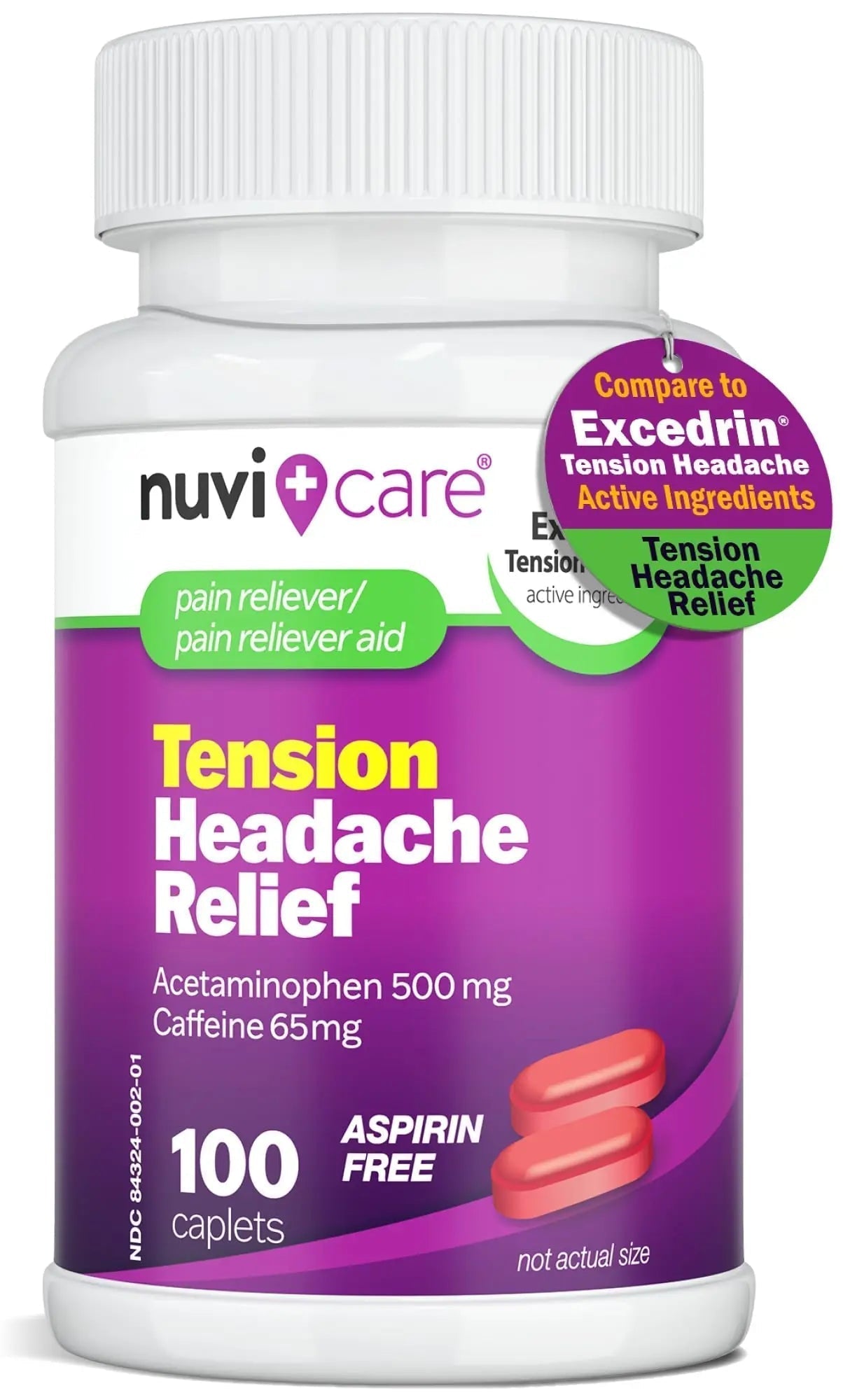 Nuvicare Tension Headache Relief Pills with 500mg Acetaminophen and 65mg Caffeine - Non Aspirin Pain Reliever Aid - Compare to Active Ingredient in Aspirin Free Excedrin Tension Headache (100 Caplets) - Maple Wellness Supplements